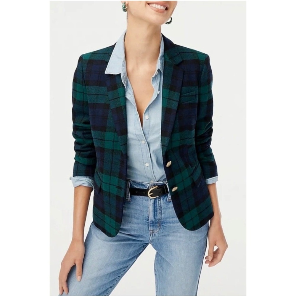 J.Crew Women Black Watch Tartan Plaid Wool Blend Schoolboy Blazer Gold Buttons 8